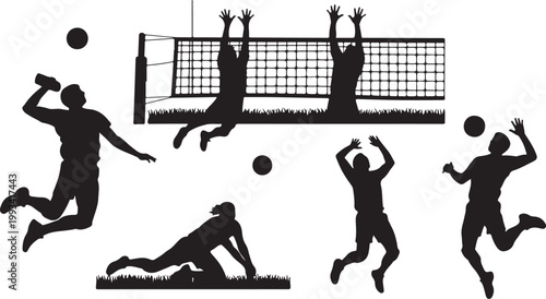 Volleyball, black silhouettes, athletic poses, sports icons, vector graphics