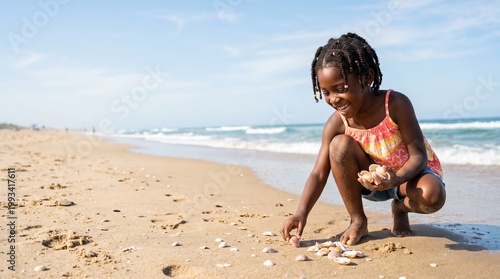 Young black girl collecting seashells on beach during sunny day  