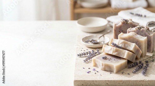 Natural lavender soap cut into slices on a light wooden countertop  