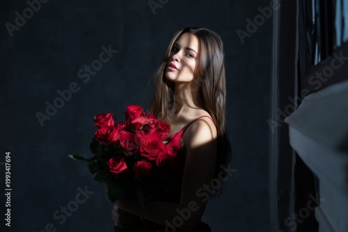 Woman Holds a Bouquet of Red Roses in a Dimly Lit Room With Shades and Shadows