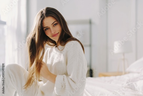 A Young Woman Sits on a Bed in a Bright Room