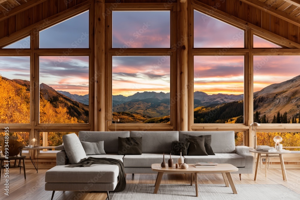 Fototapeta premium Mountain View From a Cozy Cabin During Sunset in Autumn Months