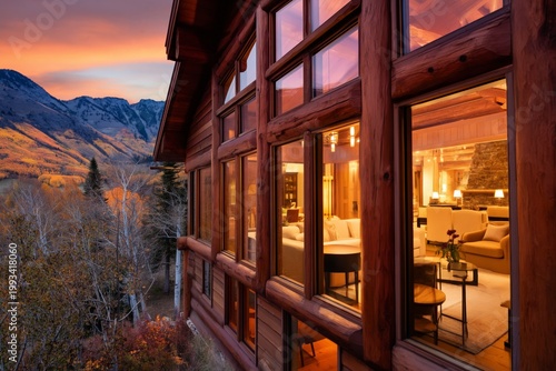 Sunlight Shines Through Windows of a Mountain House During Sunset in the Fall...