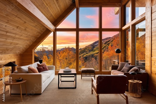 Sunlight Shines Through Windows of a Mountain House During Sunset in the Fall...