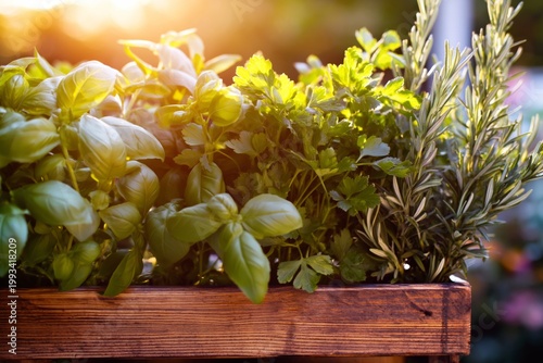 Growing Herbs in a Wooden Box During Sunset in a Garden