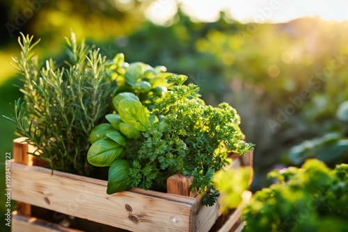 Fresh Herbs in Wooden Crate During Sunset at Garden