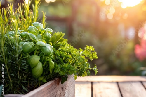 Fresh Herbs in Wooden Crate During Sunset at Garden