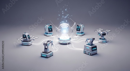 Glowing AI sphere connecting futuristic robots and drones with light lines on a gray tech background.