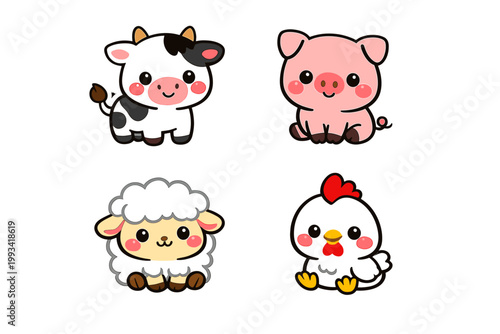 Set of four cute cartoon farm animal stickers featuring a kawaii cow, pig, sheep, and chicken. Adorable chibi livestock illustrations with white borders for scrapbooking, nursery decor, and kids.