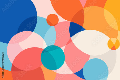 Abstract Geometric Background with Overlapping Colorful Circles Creating a Dynamic Visual Effect; Minimalist Modern Design with Vibrant Blue, Orange, Pink, and Teal Shapes for Creative Web Design