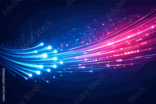 Abstract High Speed Data Flow Background with Glowing Fiber Optic Cables and Digital Connectivity Network Trails for Advanced Tech Startup, Telecommunications, and Futuristic Internet Infrastructure