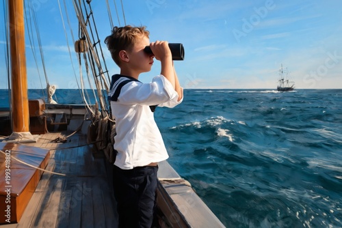 Boy Looks Through Binoculars at Sea While Standing on a Boat on a Sunny Day