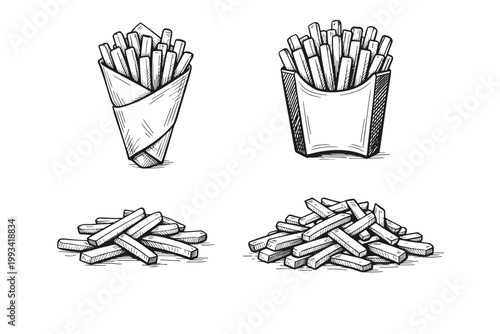 Set of four hand-drawn french fries illustrations in a black and white sketch style, featuring potato chips in a paper cone, cardboard box, and loose piles, perfect for fast food menu design.