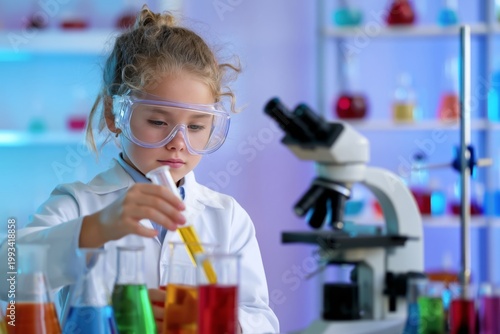 Young Scientist Conducts an Experiment With Colorful Liquids and a Microscope...