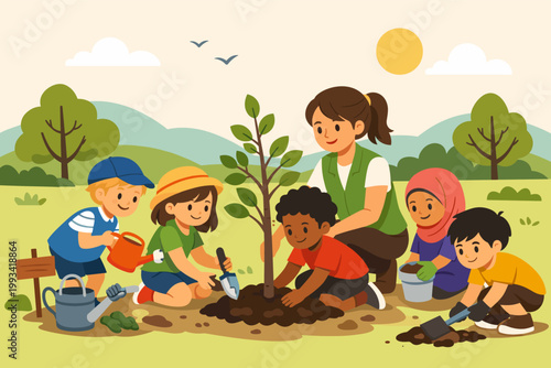 Diverse group of children planting a sapling with their teacher in a sunny park. Environmental education, sustainability, and nature conservation concept for kids. Flat vector illustration.