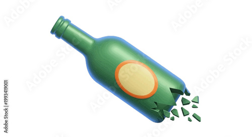 Vector illustration of broken green glass bottle with a blank label on a transparent background