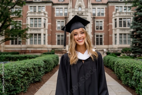 Young Woman Celebrates Graduation Outside University Building During Daylight...