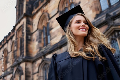 Young Woman Celebrates Graduation Outside University Building During Daylight...