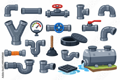 Cartoon Plumbing and Sewage System Elements Vector Set: Water Pipes, Valves, Connectors, Pressure Gauge, Plunger, Manhole Cover, Drain, and Industrial Tank for Construction and Repair Projects.
