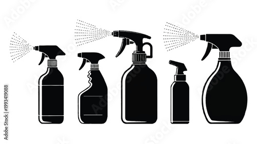 A black and white illustration showing various cleaning spray bottles and solutions