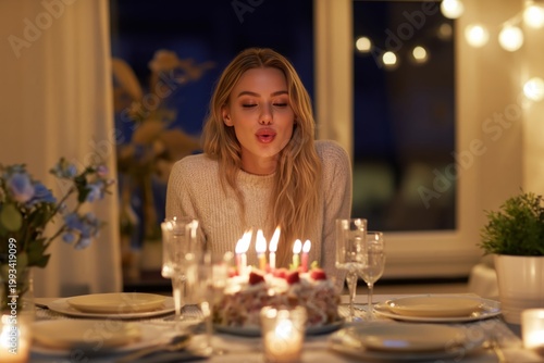 Celebration With a Woman Blowing out Candles on a Birthday Cake at Night Indoors