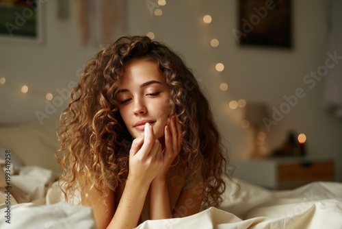 Woman With Curly Hair Sitting in Bed During Morning Light in a Bedroom