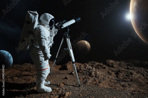 Astronaut Examines Planets With Telescope on a Distant Moon During Space Expl...