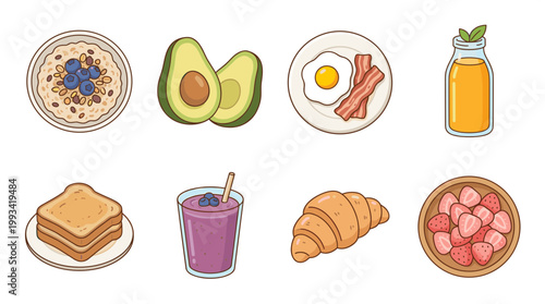 Healthy Breakfast Food and Nutrition Icons Set, Oatmeal Avocado Egg Bacon Toast Smoothie Croissant and Strawberries Vector Illustration Graphic