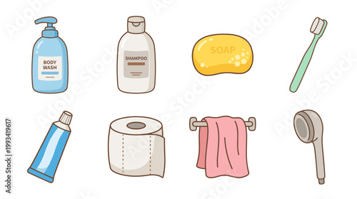 Essential Bath and Body Care Products Collection, Shampoo, Soap, Toothpaste, Toilet Paper and Shower Accessories Vector Icons Set for Personal Hygiene