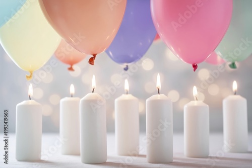 Colorful Balloons and White Candles Create a Festive Scene for a Celebration