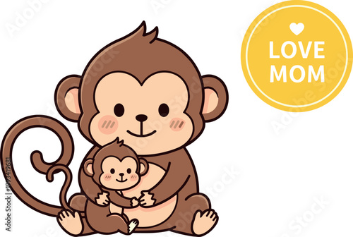 Cute monkey mother hugging baby with love mom text adorable animal family cartoon flat vector illustration design