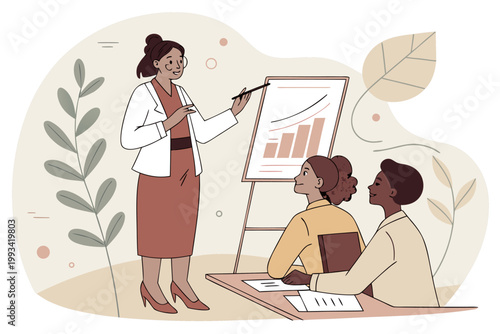 Prezentacja biznesowa w biurze – trenerka omawia wykresy na tablicy, szkolenie zespołu, spotkanie i rozwój kompetencji.