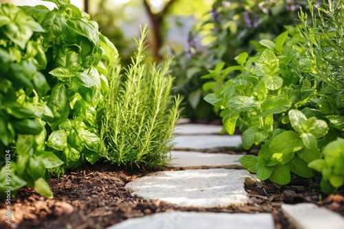 Fresh Herbs Line a Garden Path With Sunlight Shining Through Trees in the Bac...