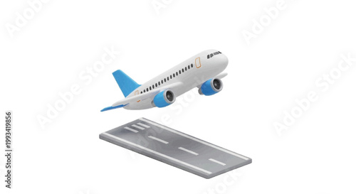 Vector illustration of 3d illustration of a passenger airplane taking off from an airport runway on a transparent background
