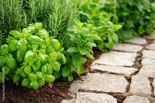 Fresh Herbs Grow Along a Stone Pathway in a Garden During the Daytime