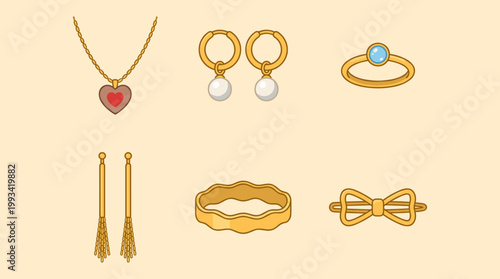 Luxury Jewelry and Fashion Accessory Collection Including Heart Necklace, Pearl Earrings, Diamond Ring, Gold Bangle and Bow Hairpin Vector Icons