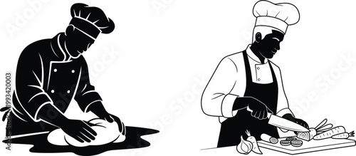 Professional cook working with ingredients showing cooking process and culinary skills scene