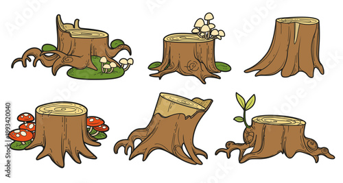 Big set of stumps with toadstools and moss isolated on white background