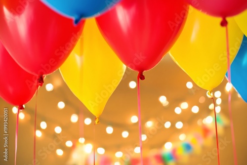Colorful Balloons Hang Above Strings of Warm Lights at a Celebration Event Ta...