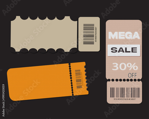 Event Ticket Templates Set with Barcode and Sale Tag Design. Collection of ticket templates with barcode, sale tag, and perforated edges, perfect for events, discounts, promotions, and entry passes.