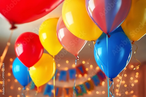 Colorful Balloons Hang Above Strings of Warm Lights at a Celebration Event Ta...