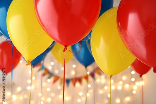 Balloons in Yellow, Red, and Blue Hang in the Air at a Festive Event