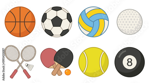 Professional Sports Ball and Equipment Collection Including Basketball Soccer Volleyball Tennis and Rackets for Fitness and Athletic Activities