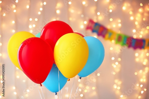 Balloons in Yellow, Red, and Blue Hang in the Air at a Festive Event