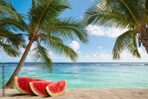 Slices of Watermelon on a Sandy Beach Near Palm Trees and Ocean Water on a Su...