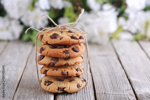Stack of Chocolate Chip Cookies Tied With Twine on Wooden Surface Near Flowers