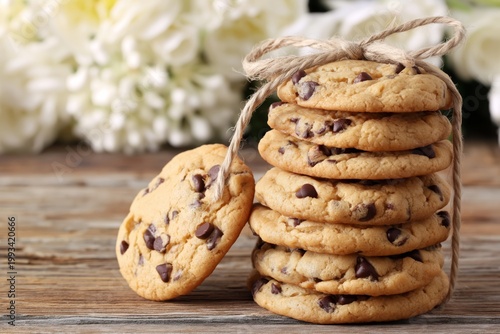 Freshly Baked Chocolate Chip Cookies Stacked With Flowers in Background on Wo...