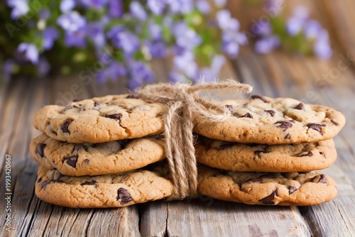 Freshly Baked Chocolate Chip Cookies Stacked With Flowers in Background on Wo...