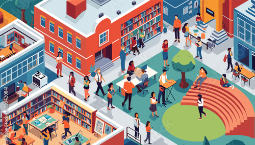 This illustration depicts students immersed in learning within a colorful library setting. Ideal for educational materials, back-to-school campaigns, 