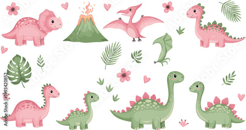 Cute Dinosaur Collection Featuring Pink and Green Dinos Volcano and Prehistoric Elements for Kids Illustration Design.